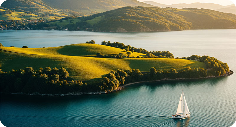 a sailboat on a body of water with hills and land in the background